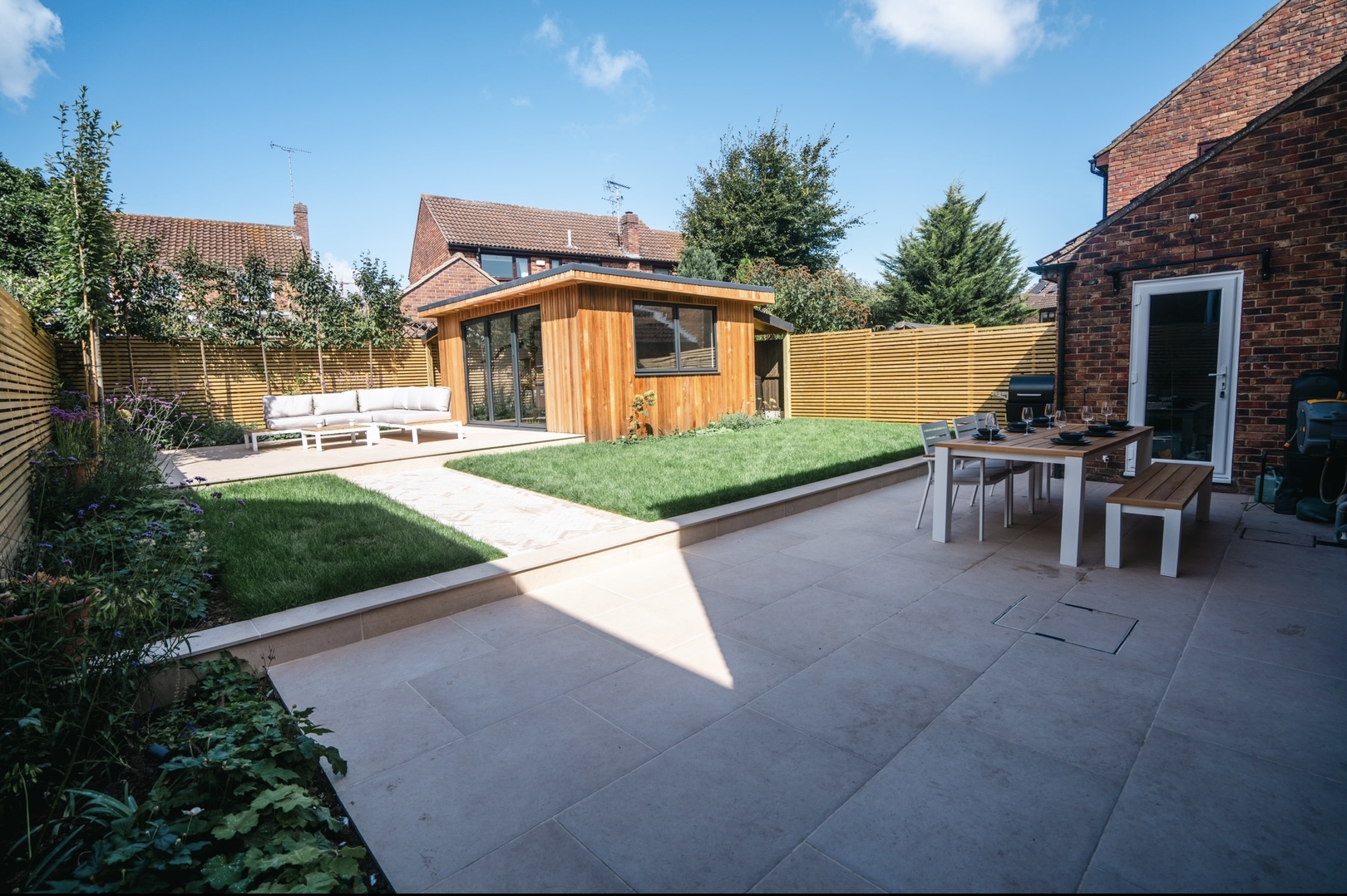 Kelvedon Essex garden design, porcelain paving, outdoor garden room