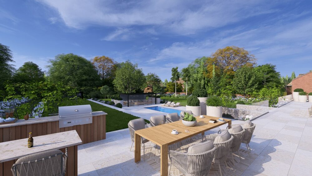 Stylish outdoor living pod in Loughton garden, complete with a fire table, elegant seating area, and vibrant greenery for year-round enjoyment
